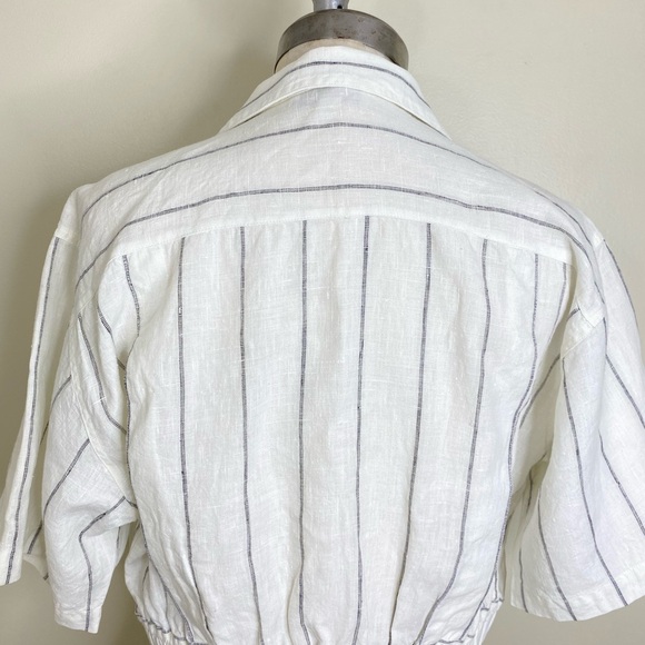 VINTAGE DAVID MICHAELS 100%LINEN WHITE/ BLACK PINSTRIPE BUTTON DOWN CROP BLOUSE - Picture 10 of 13